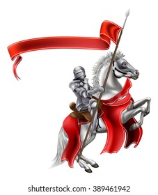 A medieval knight in shining armour on the back of a rearing white horse holding a red banner