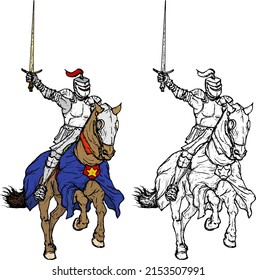 Medieval knight in shinning armor ride a horse while raising his broadsword in triumph, isolated against white. Hand drawn vector illustration.