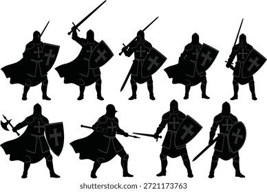 Coleção vetorial de silhueta de cavaleiro medieval, poses cruzadas, figuras de armadura preta, posição de espada e escudo, tema pronto para batalha, ilustração histórica, conceito de fantasia, movimento de capa, elementos gráficos guerreiros