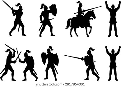 Medieval knight silhouette vector collection featuring battle stances, combat scenes, and chivalry poses for design projects