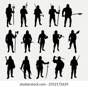 Medieval knight silhouettes vector illustration set