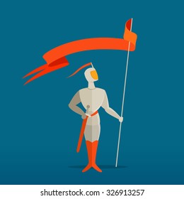 Medieval knight with spear, sword and flag, banner. Vector illustration for your application or corporate identity.