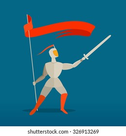 Medieval knight with spear, sword and flag, banner. Vector illustration for your application or corporate identity.