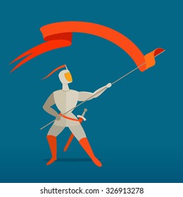 Medieval knight with spear, sword and flag, banner. Vector illustration for your application or corporate identity.