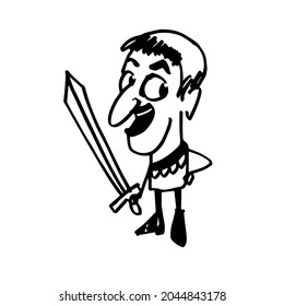 Un caballero medieval con una espada. Un lindo personaje de caricatura dibujado a mano. Un boceto. Ilustración del doodle vectorial