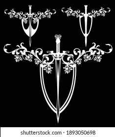 espada de caballero medieval y escudo entre la decoración de flor rosa - emblema de arma heráldica vector blanco y negro