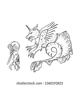 Caballero medieval con espada y escudo lucha contra el miedo del dragón aterrador y el concepto débil de tinta manuscrita iluminada cobarde que dibuja problemas sociales Historia Edad Media europea Ilustración vectorial aislada