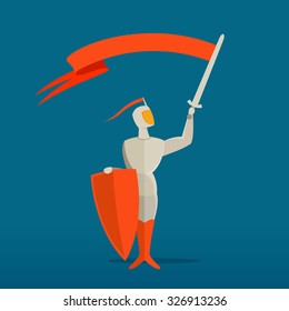 Medieval knight with sword, shield and flag, banner. Vector illustration for your application or corporate identity.
