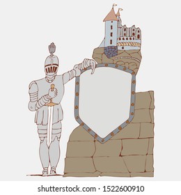 Medieval knight with a sword and shield on the background of an ancient stylized castle, with place for text. Cartoon freehand vector drawing.
