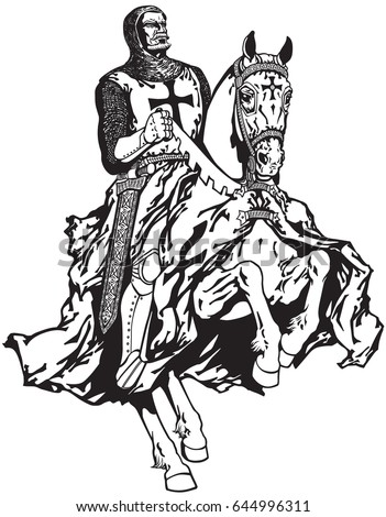 medieval knight of Templar order riding a horse in gallop. Black and white tattoo vector illustration