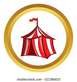Medieval knight tent vector icon in golden circle, cartoon style isolated on white background