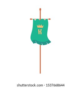 Medieval knight tournament banner with crown symbol - green fabric insignia flag on wooden stick cross isolated on white background - flat vector illustration