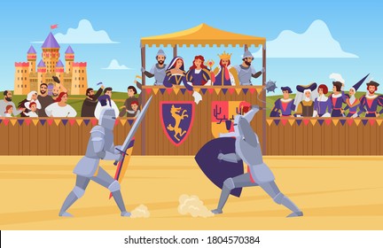 Medieval Knight Tournament Vector Illustration. Cartoon Flat Knight Characters In Body Armor Suits Fight Duel With Swords On Battlefield, Medieval Entertainment, Historical Battle Games Background