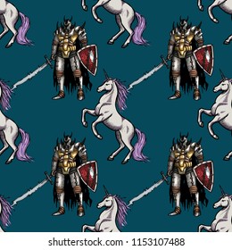 medieval knight and unicorn seamless pattern