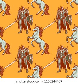 medieval knight and unicorn seamless pattern