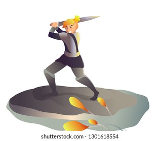 Medieval knight vector character. fictional character Warrior. Woman knight vector. Fantasy Medieval vector illustration. Girl with sword ready for attack. stock vector