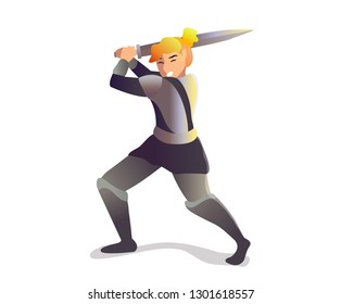 Medieval knight vector character. fictional character Warrior. Woman knight vector. Fantasy Medieval vector illustration. Girl with sword ready for attack. stock vector