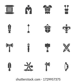 Medieval knight vector icons set, modern solid symbol collection, filled style pictogram pack. Signs, logo illustration. Set includes icons as plate armour, shield, helmet, bow and arrow, axe, spear