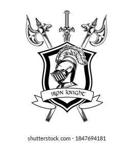 Medieval knight vector illustration. Helmet on heraldry, axes and sword. Military and protection concept for emblems or badges templates