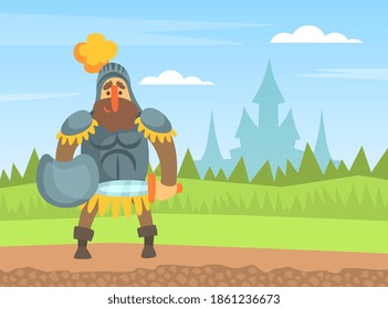Medieval Knight Warrior in Armour Standing on Nature Landscape with Sword and Shield Cartoon Vector Illustration