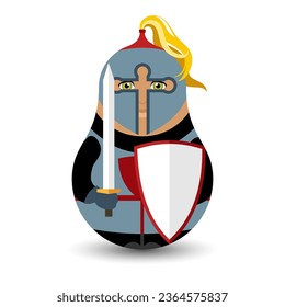 Medieval Knight. A warrior in iron armor, with a shield and helmet on his head and a sword in his hand. Design tilting toy. Modern kawaii dolls for your business project. Flat vector.