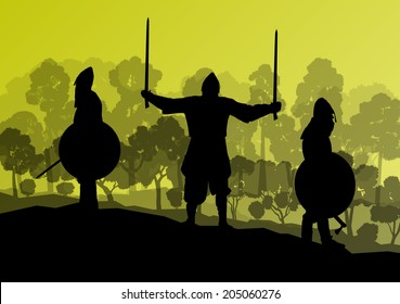 Medieval knight, warrior vector background concept forest landscape