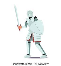 Medieval Knight Wear Armor Holding Sword Isolated on White Background. Ancient Soldier Fight on War or Duel, Historical or Fairy Tale Character on Tournament. Cartoon People Vector Illustration