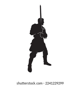 Medieval knight wearing armor   holds long sword  Black vector silhouette 
