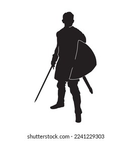 Medieval knight wearing armor   holds long sword  Black vector silhouette 