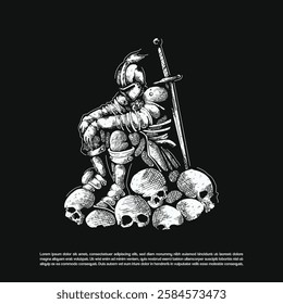 Medieval knight wearing full plate armor, sitting on a pile of human skulls. and a long sword beside him. Vector illustration