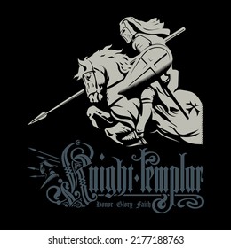 Medieval Knightly Design. Knight Crusader on a war horse with shield and spear, isolated on black, vector illustration