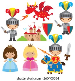 Medieval knight,princess and dragon vector illustration