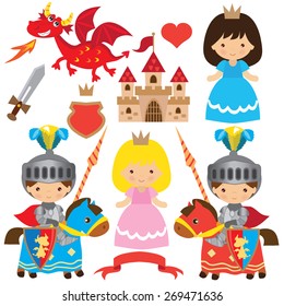 Ilustración vectorial de caballero medieval, princesa y dragón