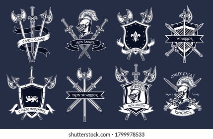 Medieval knights accessories set. Armors, swords, helmets, shields, axes illustrations isolated on dark blue background. For military, fight, or sport team label templates
