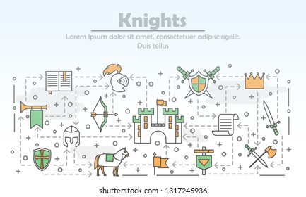 Medieval knights advertising vector poster banner template. Middle ages warrior knight clothing, armor and weapons, horse, castle etc. Thin line art flat icons for web, printed materials.