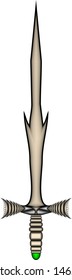 Medieval knight's battle sword designed from solid steel decorated with gold, emerald and pearls on white background.