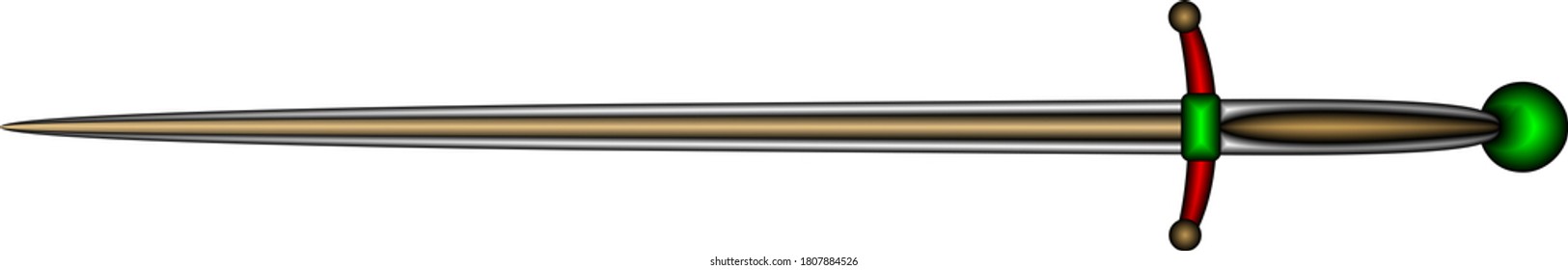Medieval knight's battle sword designed from solid steel decorated with gold, emerald and pearls on white background.