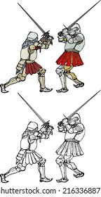 Medieval knights in body armor fight with broadsword, isolated against white. Hand drawn vector illustration.