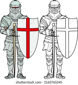 Medieval knights in body armor standing guard with a shield and broadsword, isolated against white. Hand drawn vector illustration.