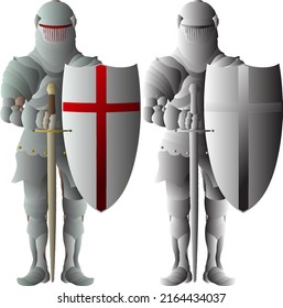 Medieval knights in body armor standing guard with a shield and broadsword, isolated against white. Vector illustration.