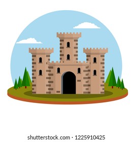 Medieval knight's castle with wall, tower and gate. Protection and reliability of the city. European architecture and attractions. Military Fort on the natural landscape
