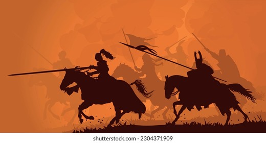 Caballeros medievales a cargo. Ilustración vectorial - aislado. Caballos atacando al enemigo. Batalla