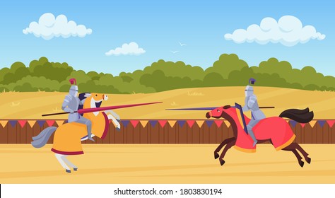 Medieval Knights Fight Vector Illustration. Cartoon Flat Horseman Warrior Brave Characters In Body Armor And Armored Horses Fighting, Heroes Jousting On Knight Tournament, Fighter Joust Art Background