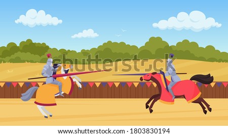 Medieval knights fight vector illustration. Cartoon flat horseman warrior brave characters in body armor and armored horses fighting, heroes jousting on knight tournament, fighter joust art background