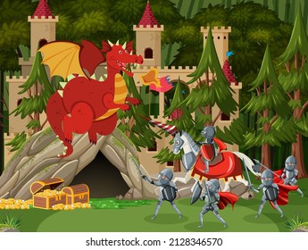 Medieval knights fighting with ancient dragon illustration