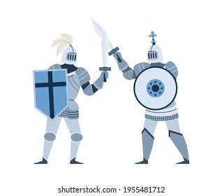 Medieval knights fighting with swords flat vector illustration isolated.
