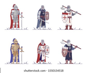Medieval knights flat vector illustrations set. Armored warriors isolated cartoon characters with outline elements on white background. Middle Age crusaders, swordsmen. Ancient warfare