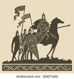 Caballeros medievales en armadura completa con grandes escudos decorados y saludando a los estándares parados en el campo de batalla esperando la ilustración del vector de batalla