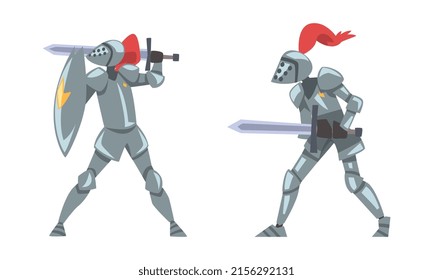 Medieval knights in full body armours fighting with swords vector illustration