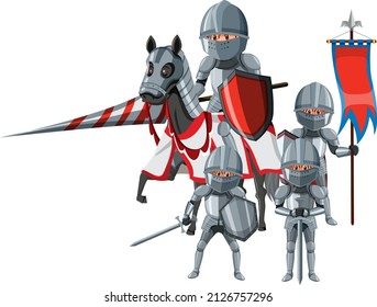 Medieval knights group on white background illustration